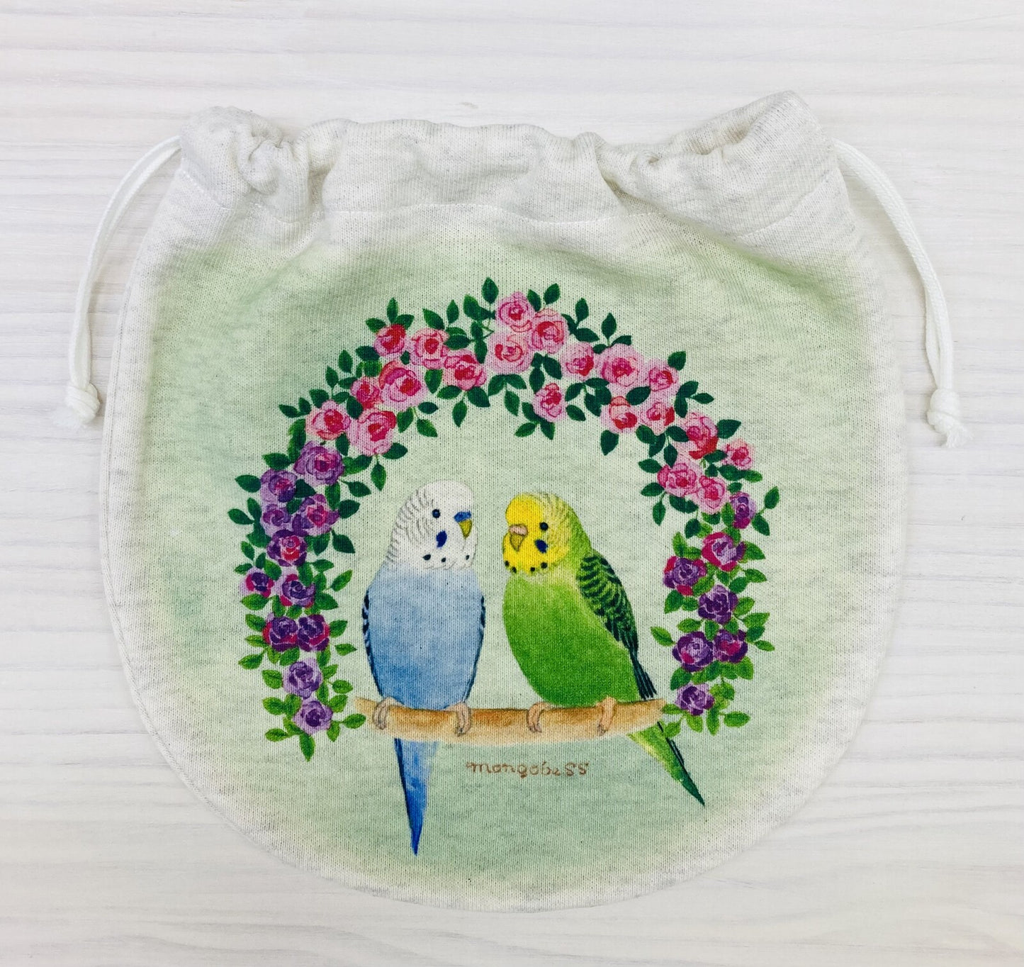 巾着 薔薇リースとセキセイインコ Mサイズ
