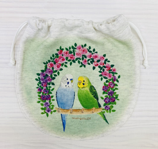 巾着 薔薇リースとセキセイインコ Mサイズ