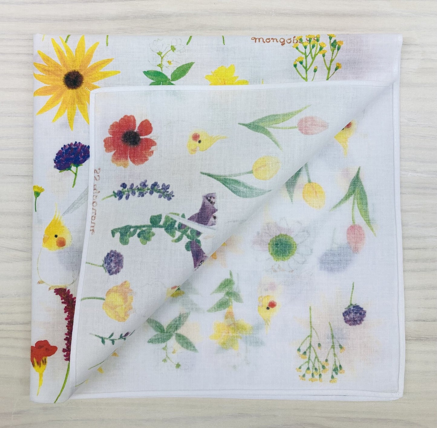 大判ハンカチ ランチクロス 黄色花とオカメ 40x40cm