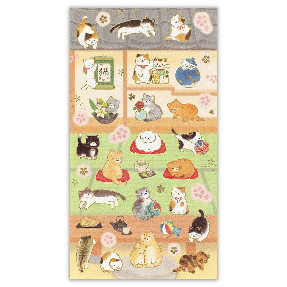 和風シール 猫と和室 金箔押し加工