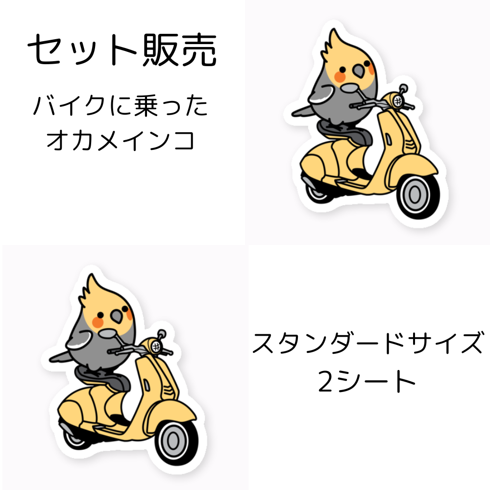 Chubby Bird セット販売 バイクに乗ったオカメインコ　ステッカー　スタンダードサイズ　防水仕様　貼り直し可　厚手　PVC素材　クーポン利用不可