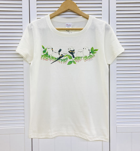 レディースTシャツ ブルーベリーの花とシマエナガ 受注製作 送料無料 クーポン利用不可