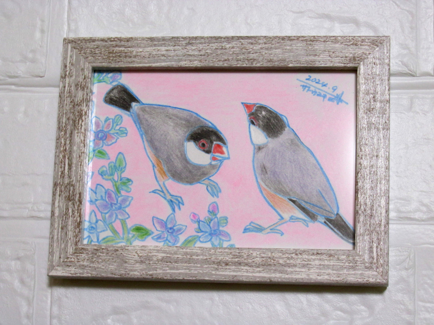 文鳥画 色鉛筆 原画 キャルルル 桜文鳥とブルースター
