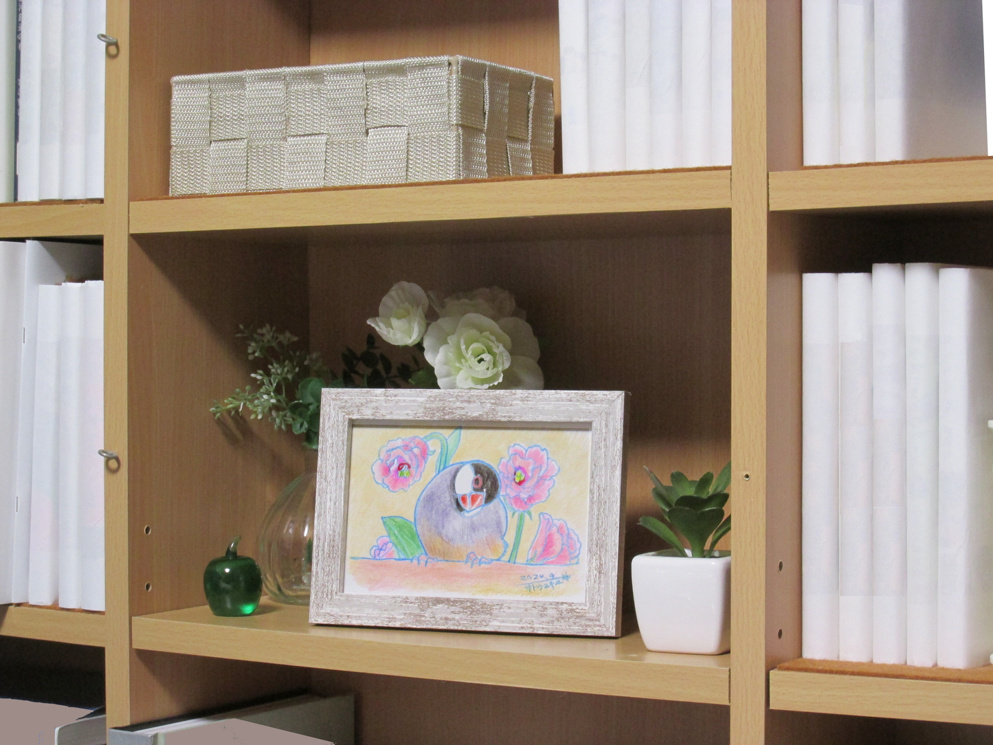 文鳥画 色鉛筆 原画 にっこり 桜文鳥とトルコ桔梗