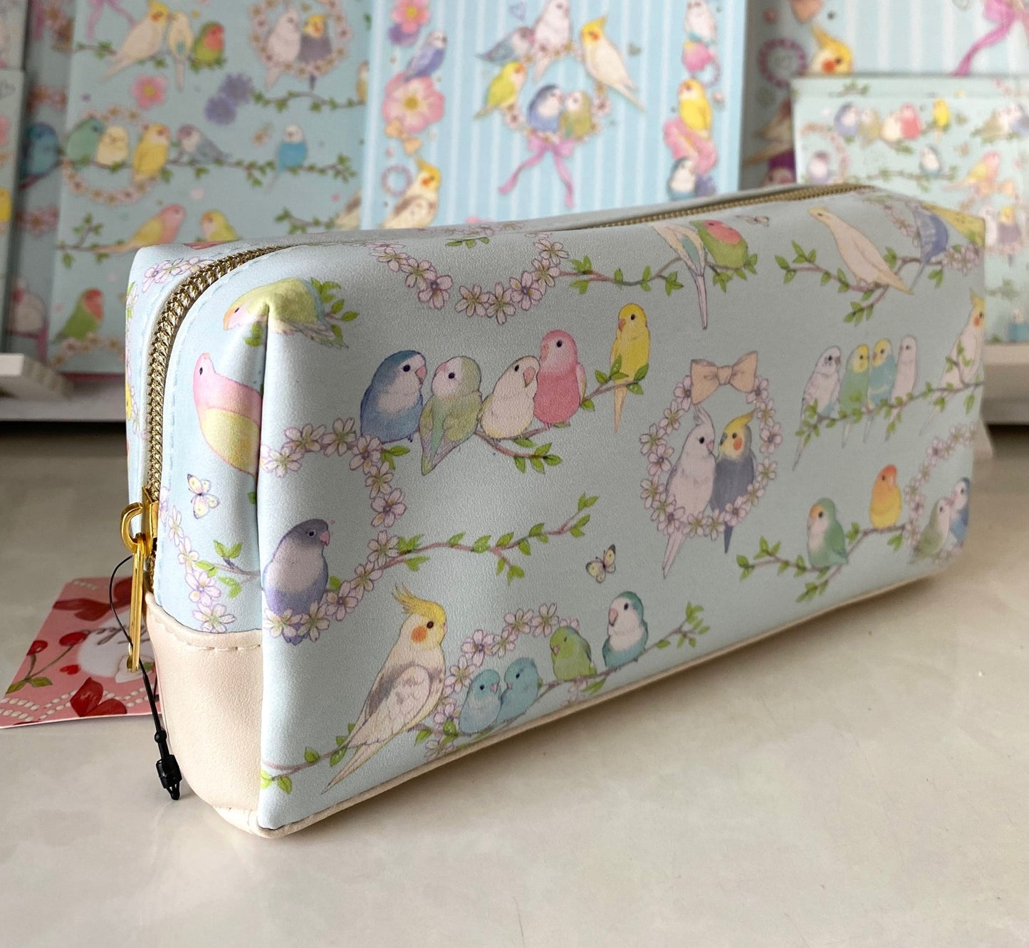 Boxポーチ フラワリー インコ たけいみき