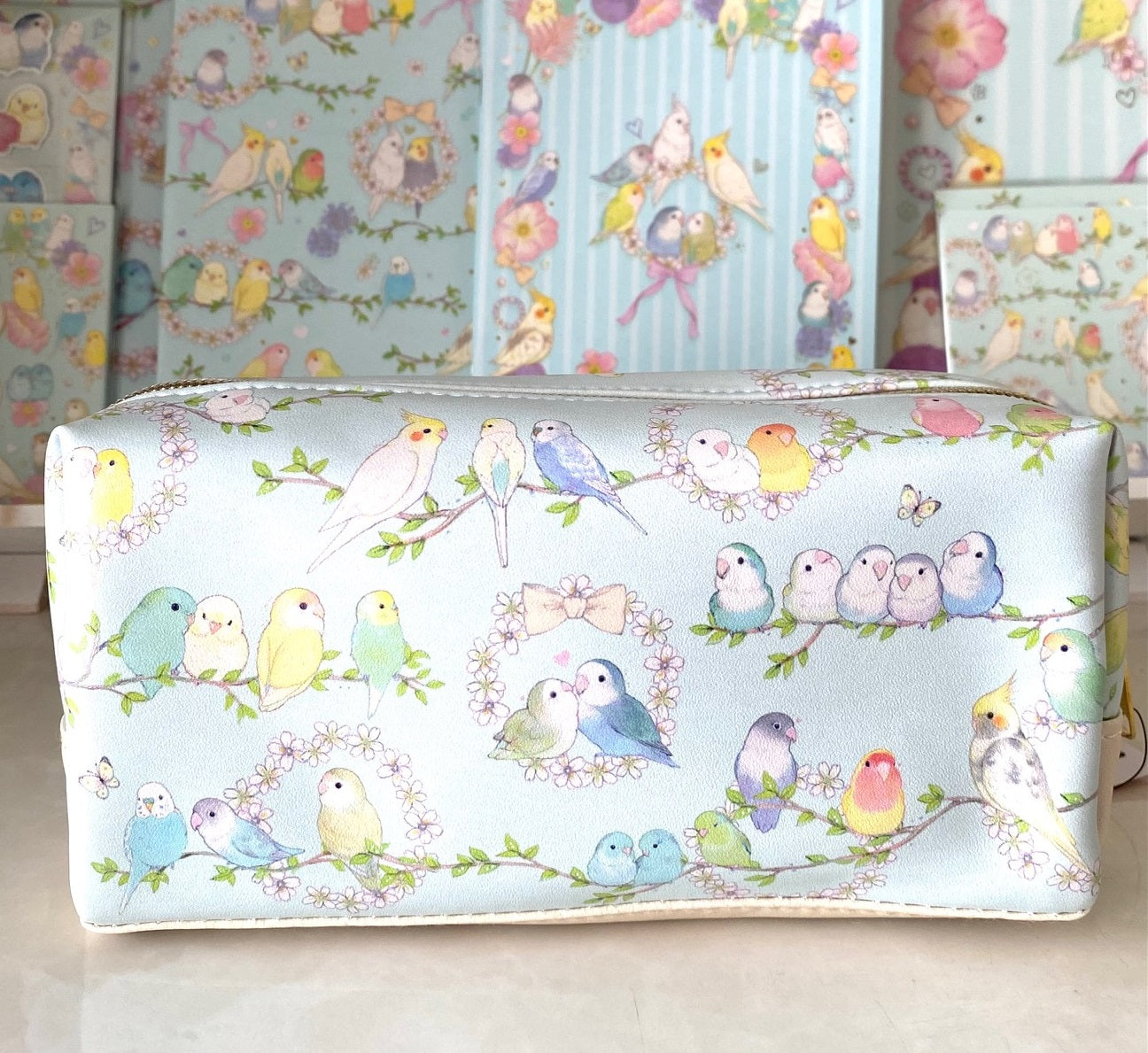 Boxポーチ フラワリー インコ たけいみき