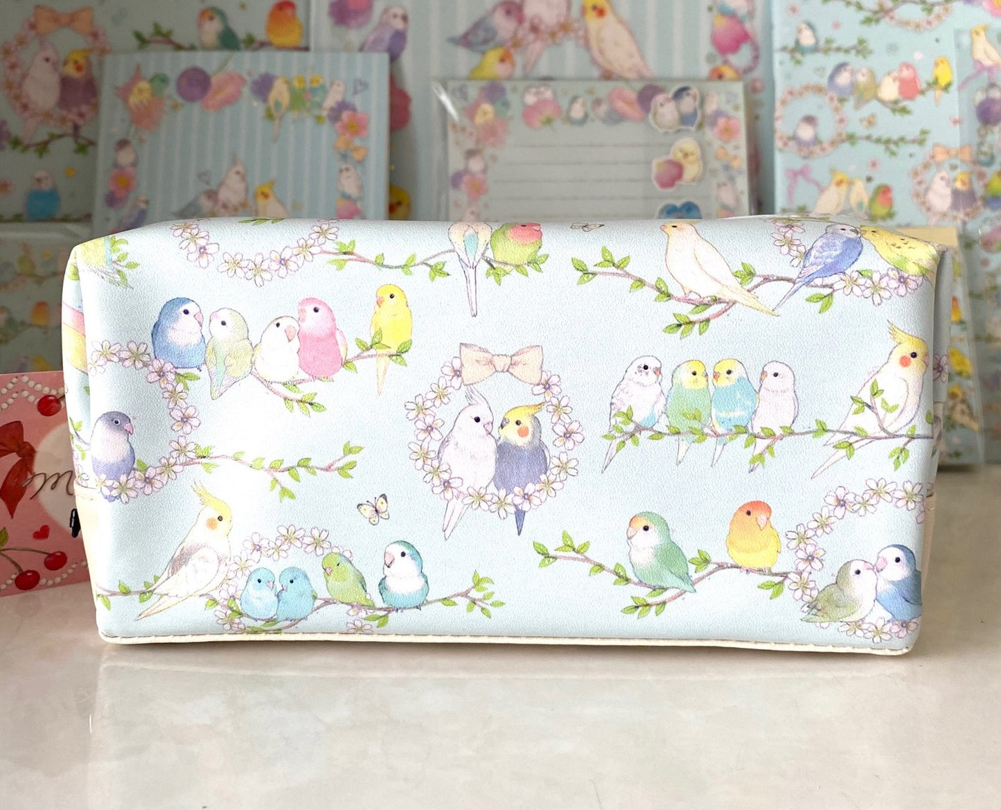 Boxポーチ フラワリー インコ たけいみき