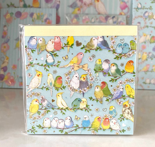 スクエアメモパッド フラワリー インコ  たけいみき 金箔加工(表面)