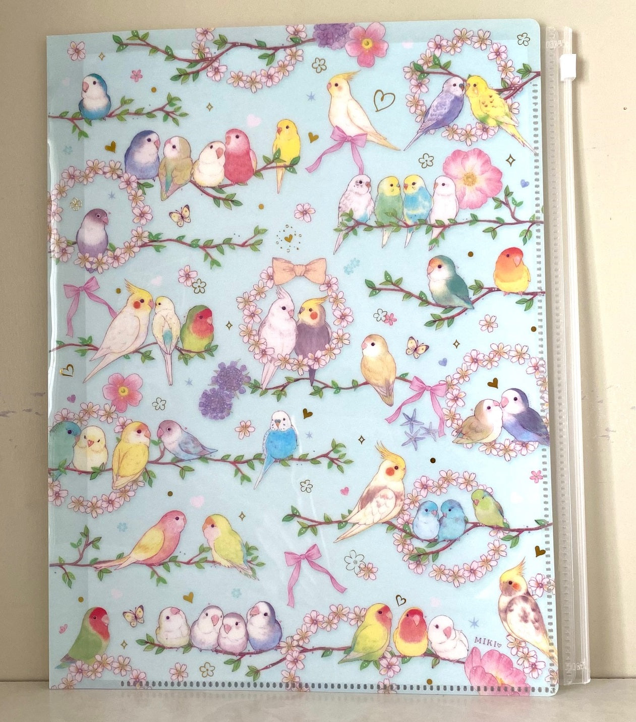 ジッパー付き6ポケットクリアファイル フラワリー インコ たけいみき 金箔加工