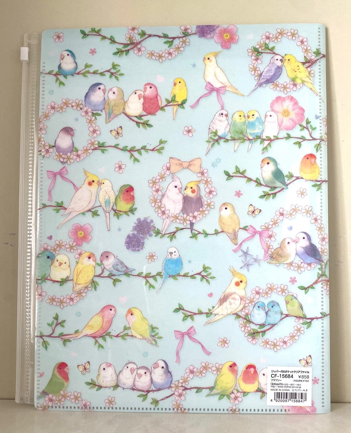 ジッパー付き6ポケットクリアファイル フラワリー インコ たけいみき 金箔加工