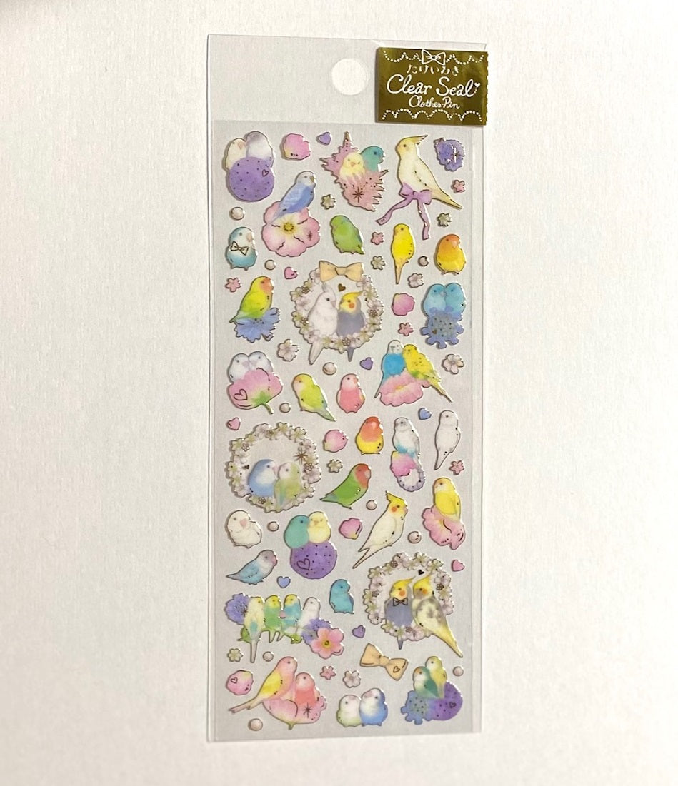 ふち箔クリアシール フラワリー インコ たけいみき 金箔加工