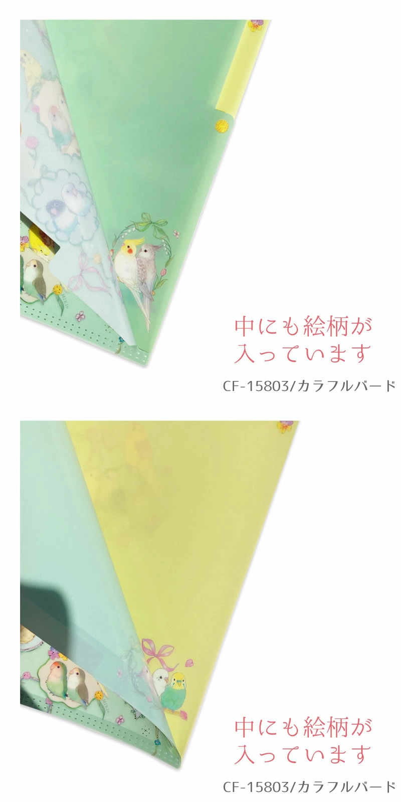A5クリアファイル 3ポケット カラフルバード インコ たけいみき 金箔加工