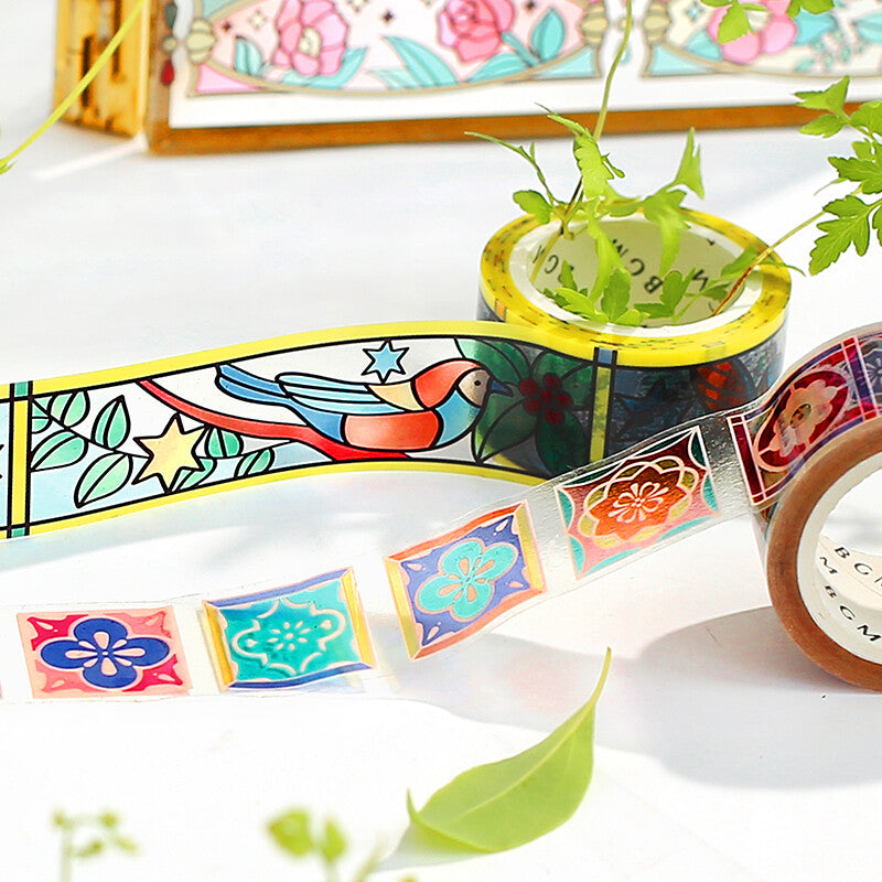 クリアテープ ステンドグラス 鳥と植物 PET 素材