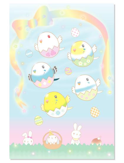 ポストカード 虹色リボンのイースター セキセイインコ2 - 小鳥雑貨専門のお店 スウィート・バーディー・ブティック