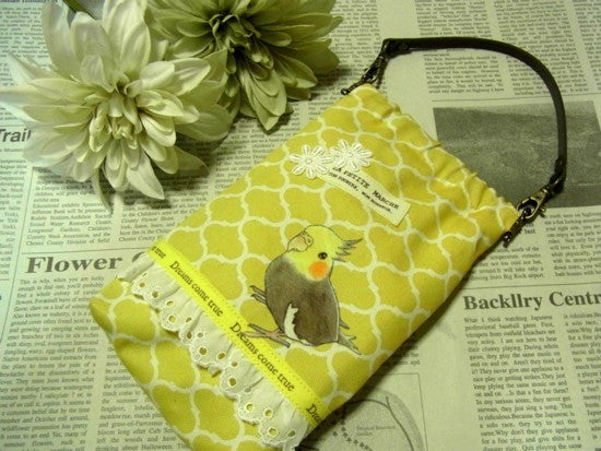 ハンドル付きふかふかポーチ オカメインコ 1 - 小鳥雑貨専門のお店 スウィート・バーディー・ブティック