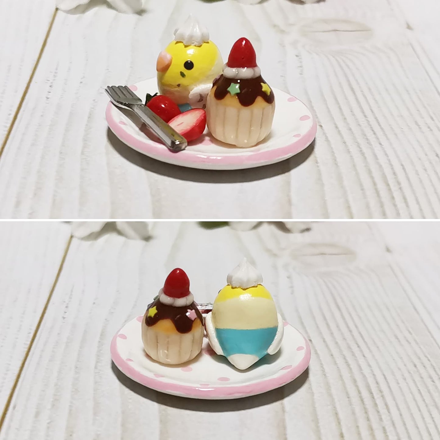 ミニチュア いちごカップケーキプレート セキセイインコ 四色ハルクイン