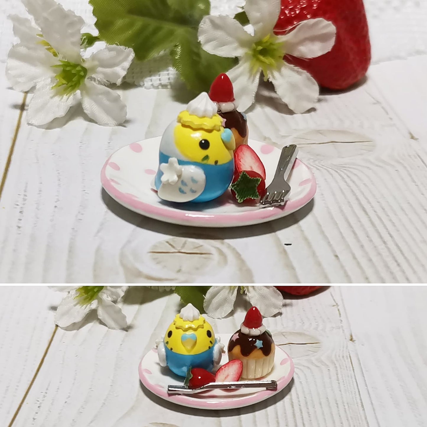 ミニチュア いちごカップケーキプレート　 羽衣セキセイインコ　レインボー