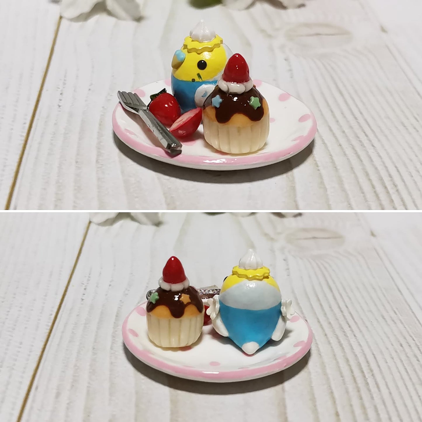 ミニチュア いちごカップケーキプレート　 羽衣セキセイインコ　レインボー