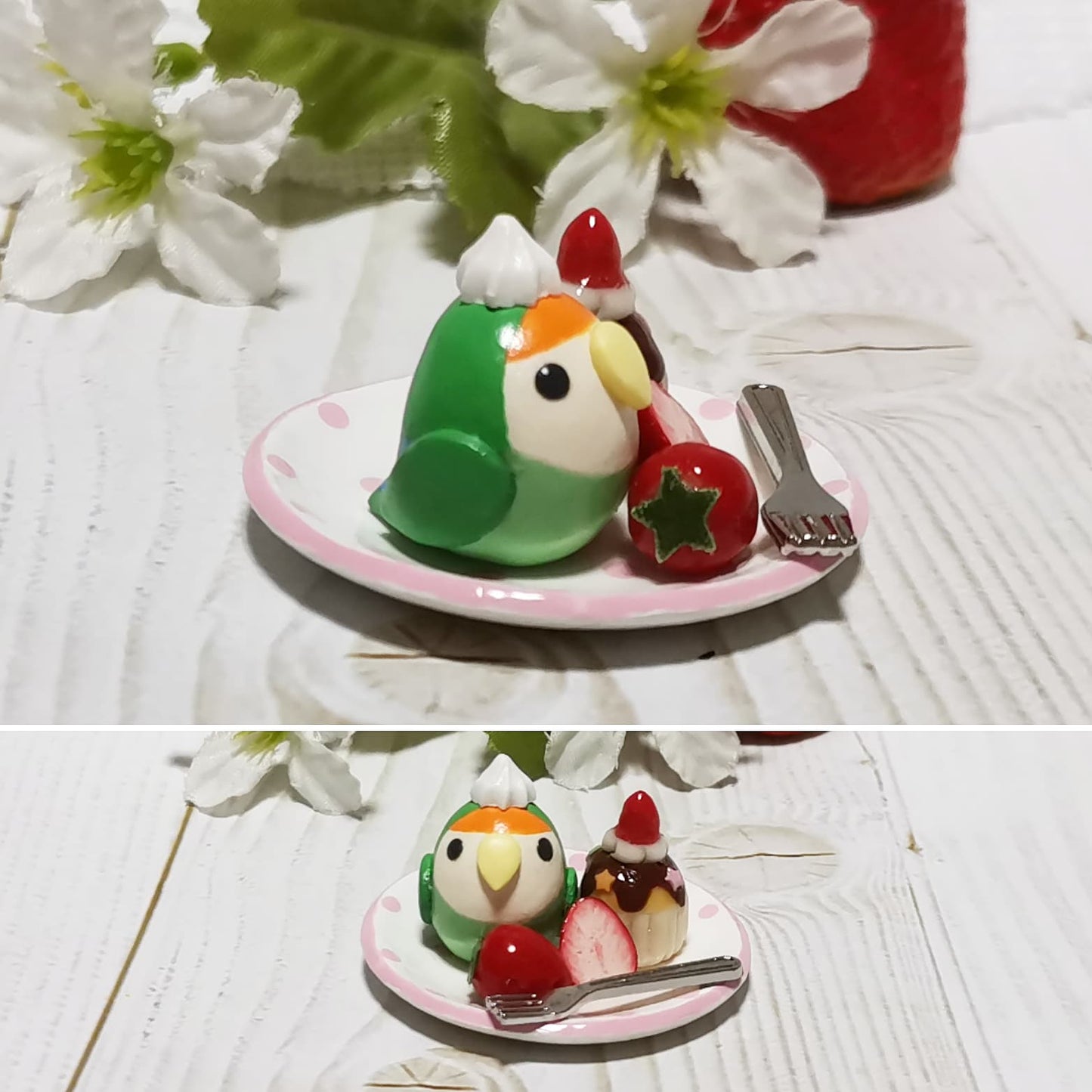 ミニチュア いちごカップケーキプレート コザクラインコ　グリーン