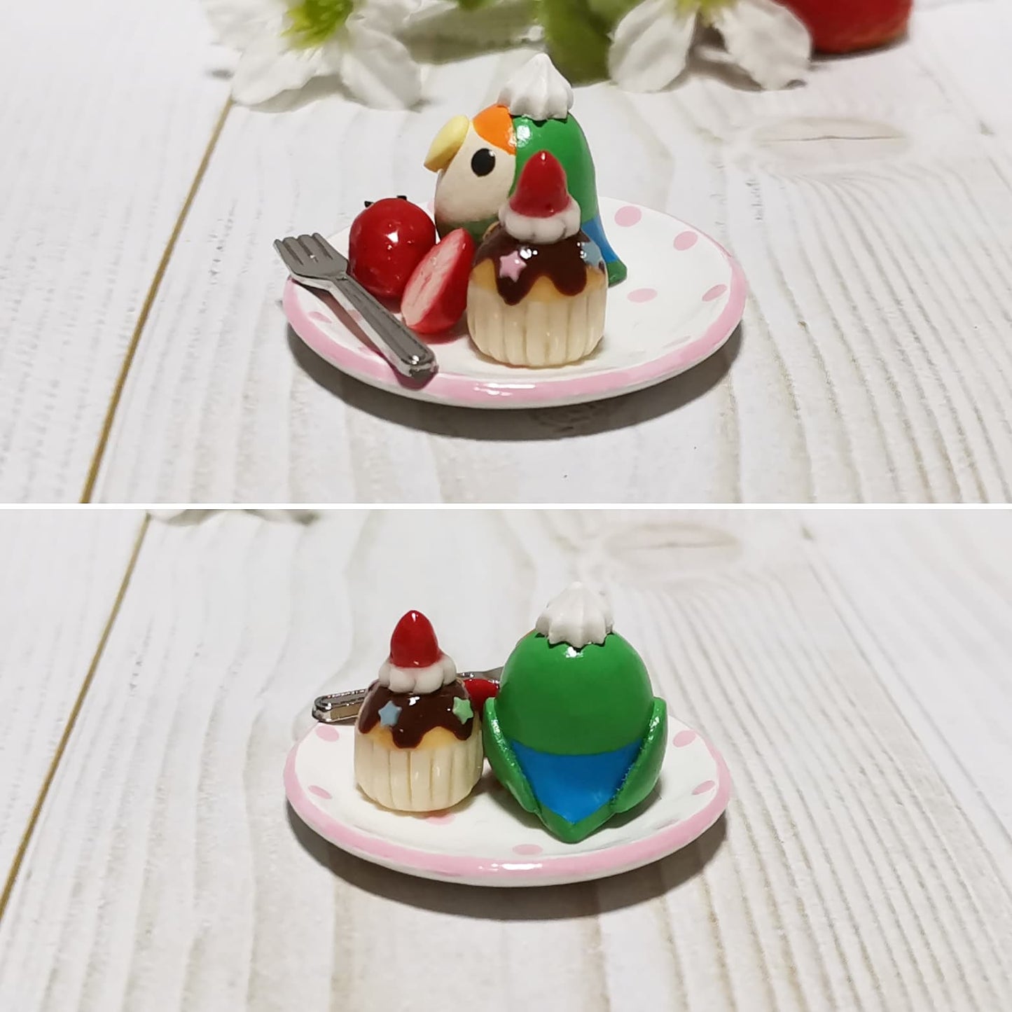 ミニチュア いちごカップケーキプレート コザクラインコ　グリーン