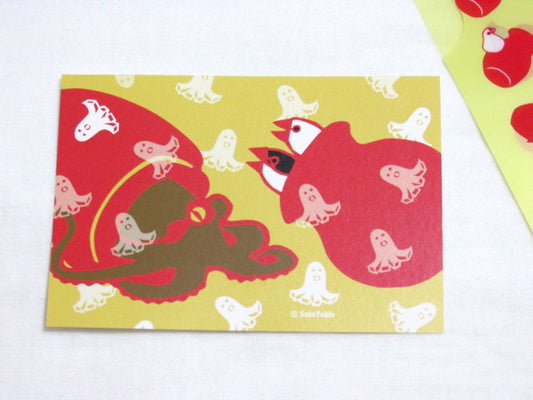 ポストカード 文鳥 蛸壺 VS つぼす タコとの遭遇 - 小鳥雑貨専門のお店 スウィート・バーディー・ブティック