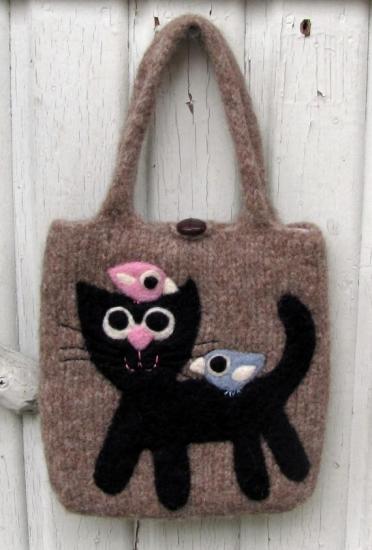 羊毛フェルトバッグ 小鳥とお友達コレクション ネコちゃんと一緒 B - 小鳥雑貨専門のお店 スウィート・バーディー・ブティック