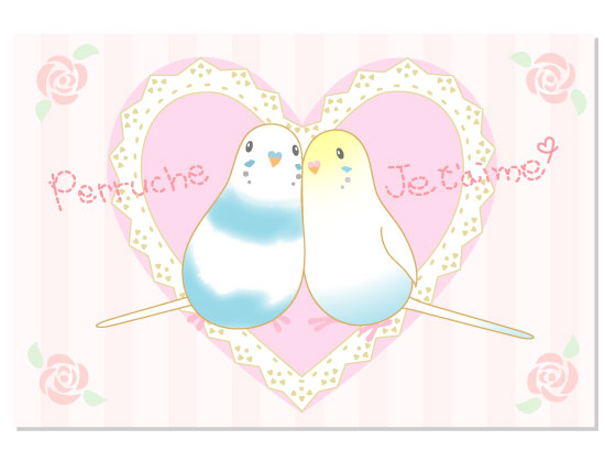 ポストカード ジュテーム セキセイインコ・パイドブルー+四色ハルクイン - 小鳥雑貨専門のお店 スウィート・バーディー・ブティック