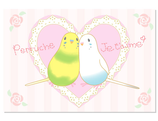 ポストカード ジュテーム セキセイインコ・パイドグリーン+白ハルクイン - 小鳥雑貨専門のお店 スウィート・バーディー・ブティック