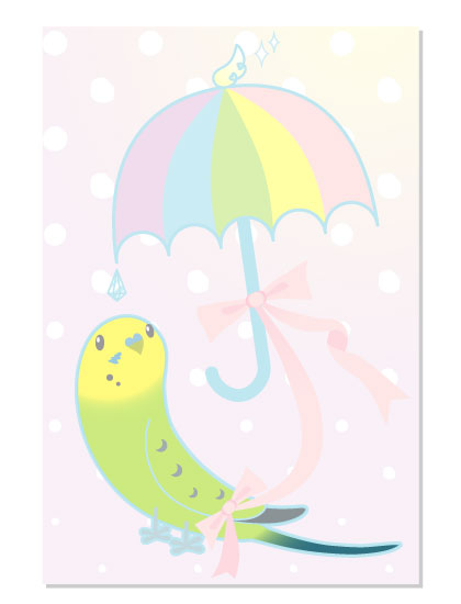 ポストカード 虹色アンブレラ セキセイインコ グリーン - 小鳥雑貨専門のお店　スウィート・バーディー・ブティック