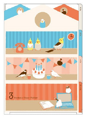 A6サイズ 鳥デザインの文房具 3ポケットクリアホルダー 文鳥、セキセイインコ、オカメインコ - 小鳥雑貨専門のお店 スウィート・バーディー・ブティック
