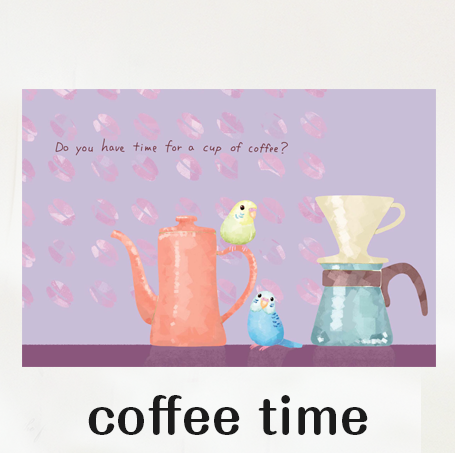 ポストカード coffee time (セキセイインコ) - 小鳥雑貨専門のお店 スウィート・バーディー・ブティック