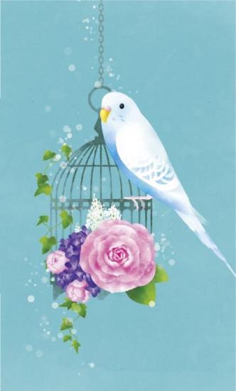 名刺サイズカード　インコと花籠　（セキセイインコ） - 小鳥雑貨専門のお店　スウィート・バーディー・ブティック