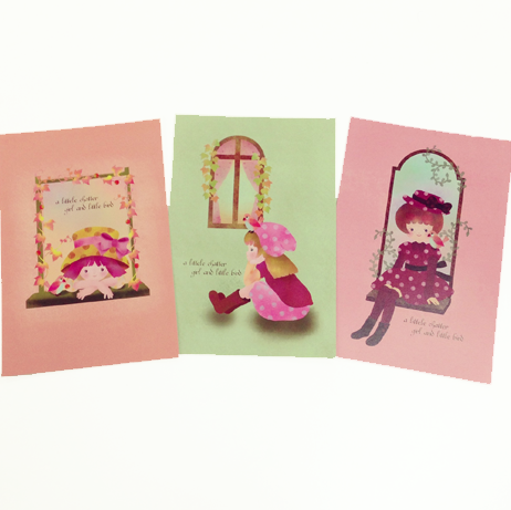 ポストカード little chattering 少女と小鳥 3枚セット - 小鳥雑貨専門のお店 スウィート・バーディー・ブティック