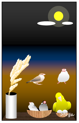 お月見?粟穂 文鳥 & インコ ポストカード (和紙) - 小鳥雑貨専門のお店 スウィート・バーディー・ブティック