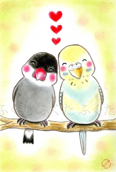 ポストカード なかよし 文鳥 & セキセイインコ - 小鳥雑貨専門のお店 スウィート・バーディー・ブティック