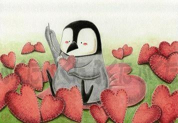 ポストカード ペンギン ハートをチクチク - 小鳥雑貨専門のお店 スウィート・バーディー・ブティック
