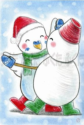 ポストカード 雪ダルマとダンス セキセイインコ - 小鳥雑貨専門のお店 スウィート・バーディー・ブティック