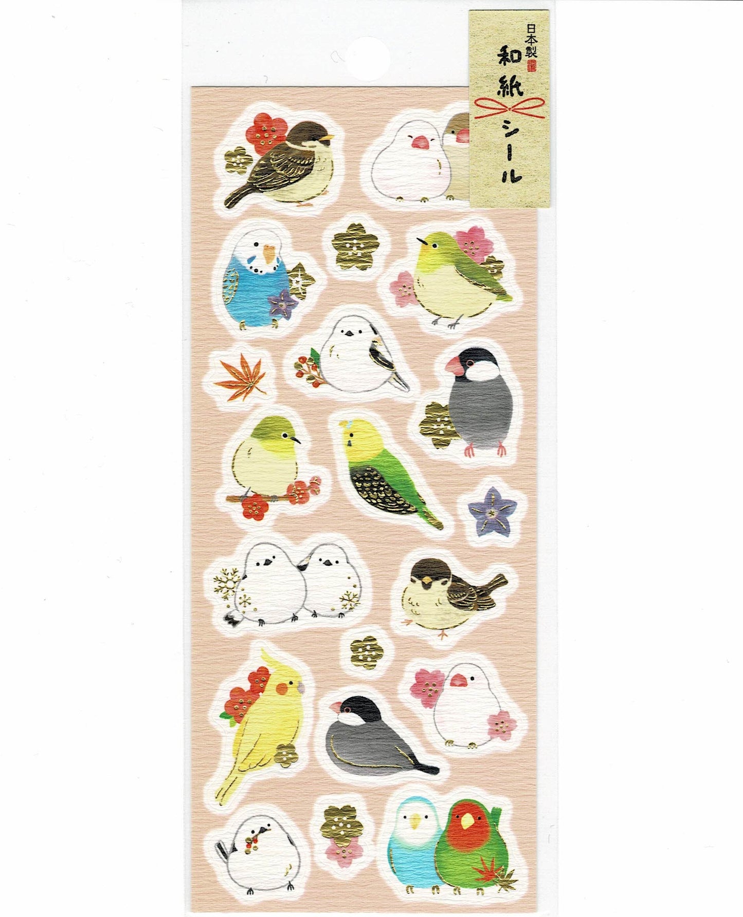 和紙シール すずめ、文鳥、セキセイインコ、シマエナガ、メジロ、オカメインコ、コザクラインコ 金箔加工