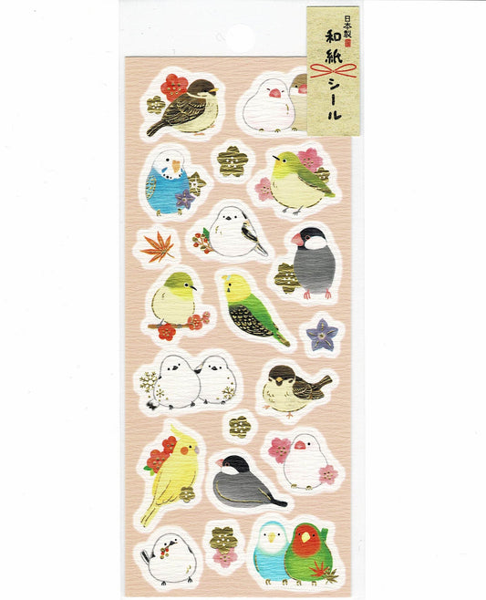 和紙シール すずめ、文鳥、セキセイインコ、シマエナガ、メジロ、オカメインコ、コザクラインコ 金箔加工
