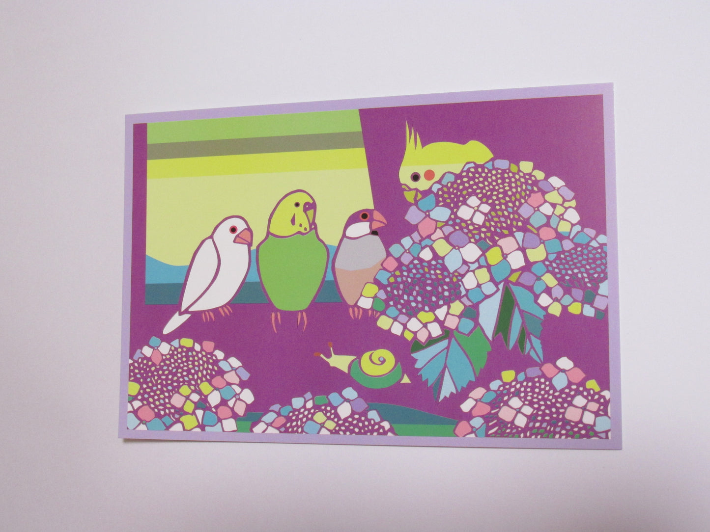 切り絵作家 サトウユキエ ポストカード あじさい 文鳥、セキセイインコ、オカメインコ - Sweet Birdie Boutique