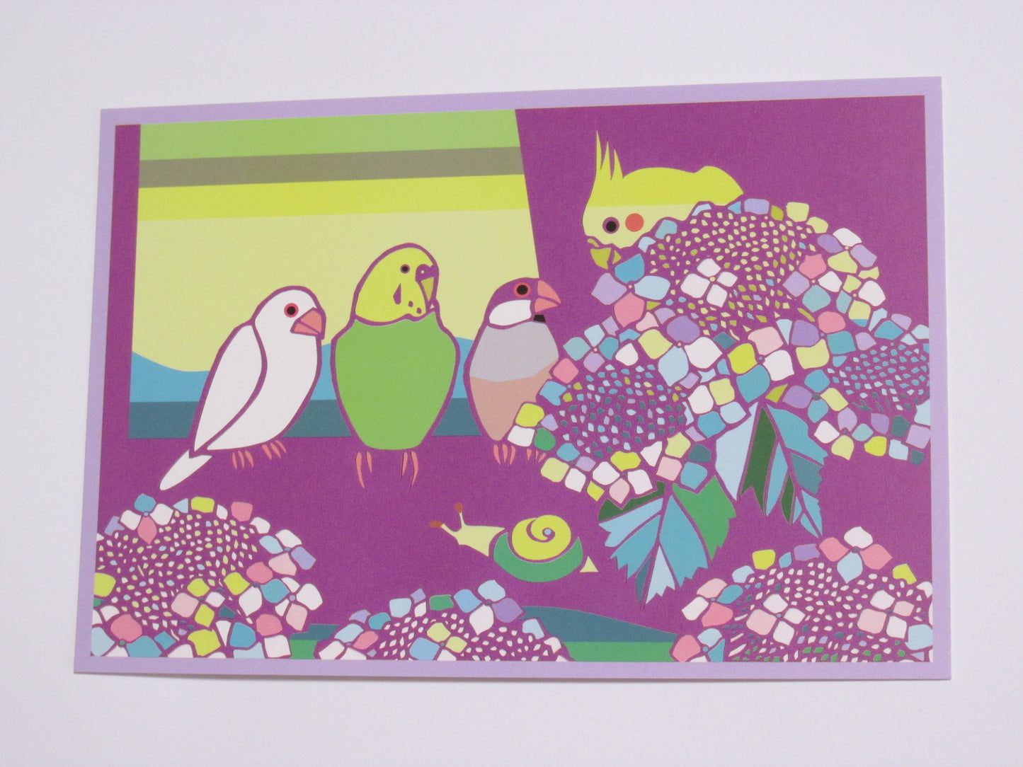 切り絵作家 サトウユキエ ポストカード あじさい 文鳥、セキセイインコ、オカメインコ - Sweet Birdie Boutique
