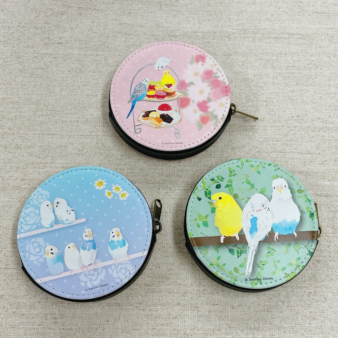 コインケース とりアート セキセイインコとひよこ草