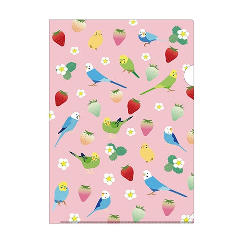 クリアファイル A4サイズ セキセイインコとイチゴ ピンク