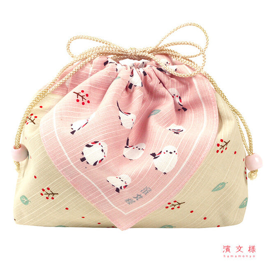 お弁当巾着 ちゃんこいシマエナガ　ピンク