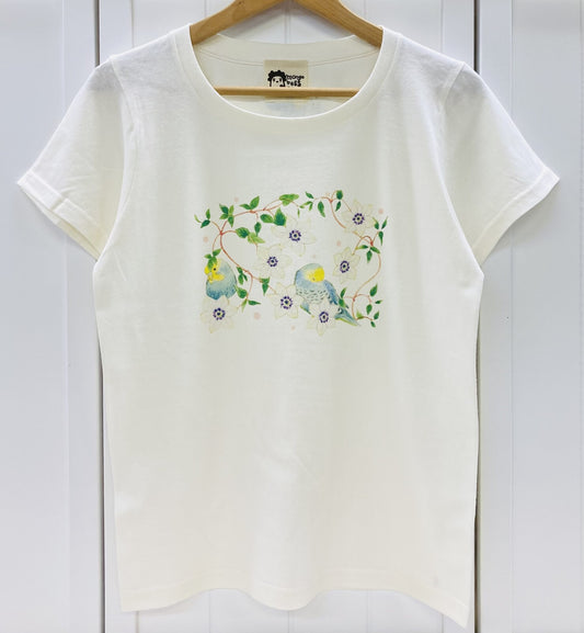 レディースTシャツ　クレマチスとセキセイ　セキセイインコ　受注製作　送料無料　クーポン利用不可
