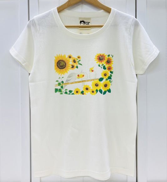 レディースTシャツ　向日葵とオカメ　オカメインコ　受注製作　送料無料　クーポン利用不可