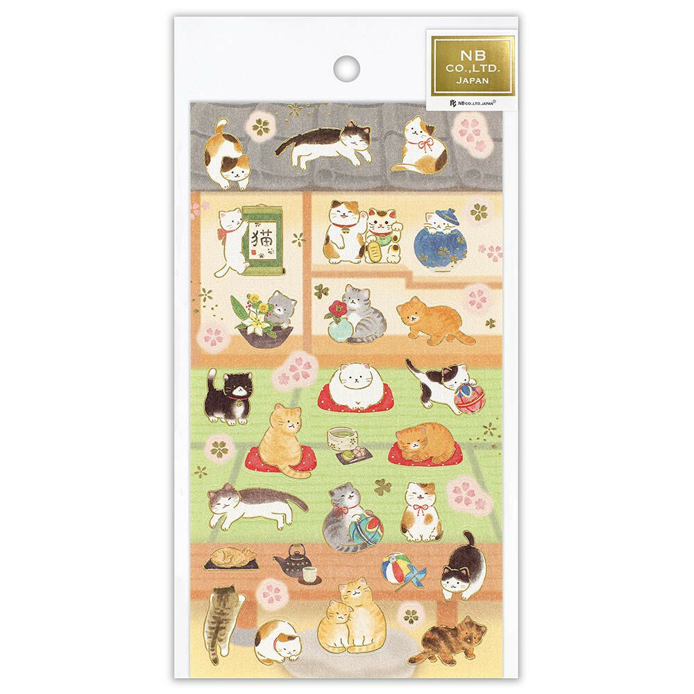 和風シール　猫と和室　金箔押し加工