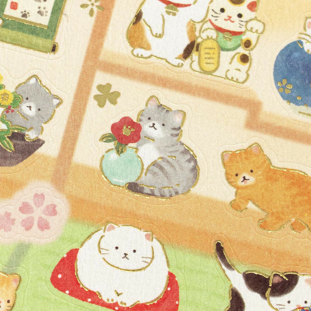 和風シール　猫と和室　金箔押し加工