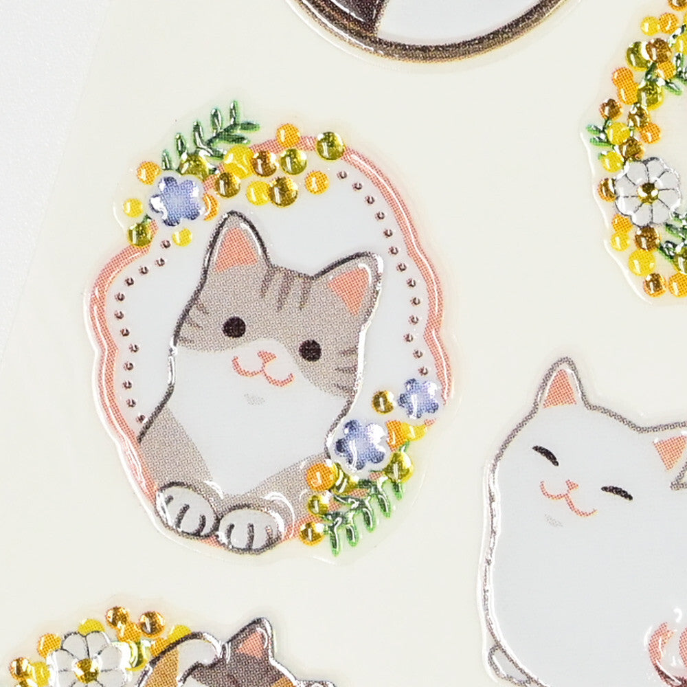 ビジュシール　猫とミモザ　箔押し加工