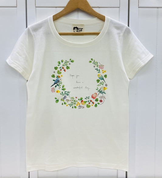 レディースTシャツ　小鳥のリース　（胸リースプリント）　受注製作　送料無料　クーポン利用不可